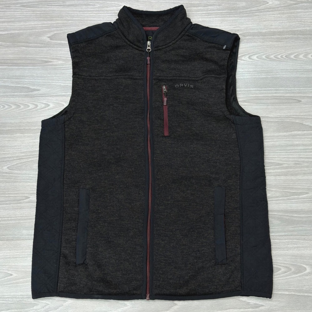 Orvis Mens Full Zip Hybrid Fleece Vest Large Gray Black Knit Woven Panels Hiking